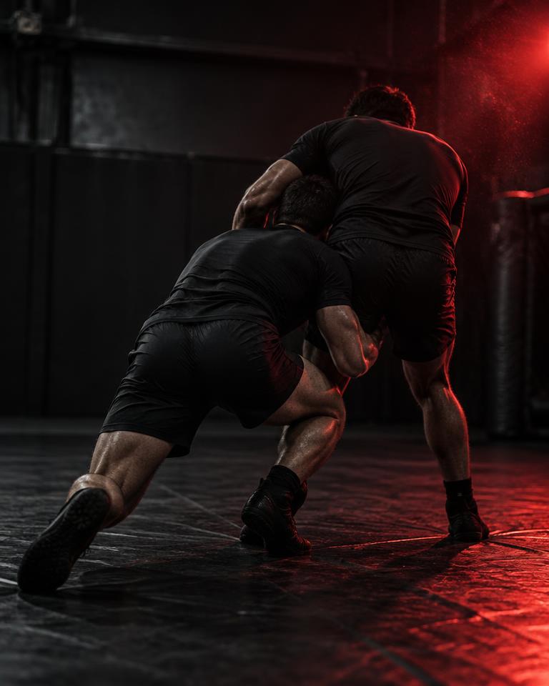 Takedowns im MMA-Training – KI-generiertes Demomotiv